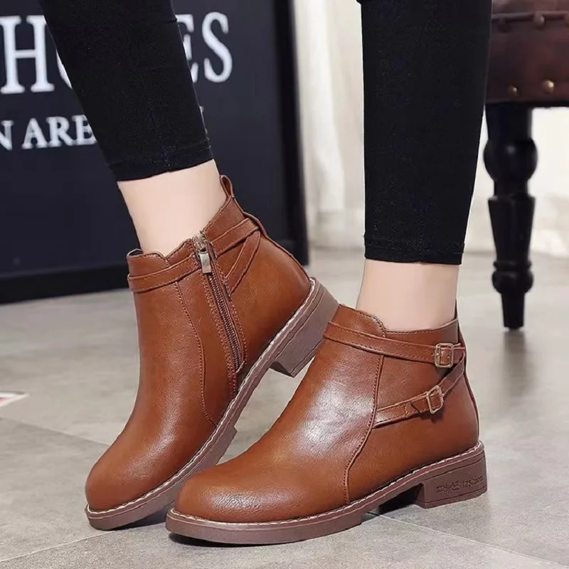 

Women Boots Autumn Solid Color Ankle Boots Female Waterproof Platform Ankle Boots Pu Belt Buckle Women's Shoes
