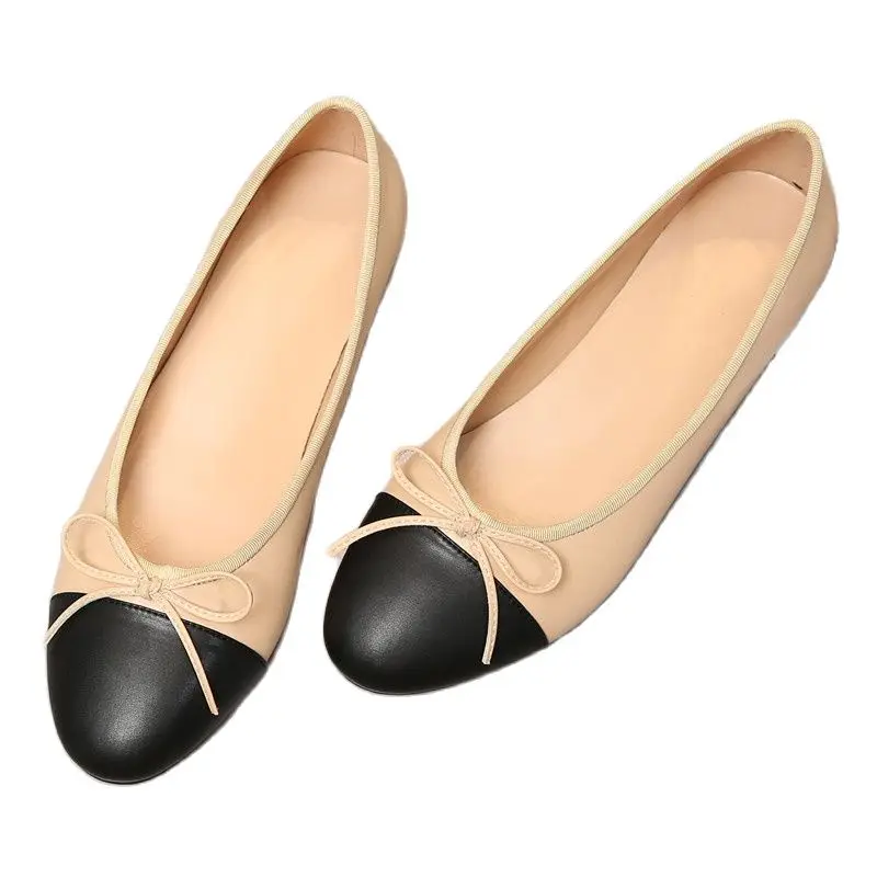 

2022 Ballet Flats Classic Women's Shoes Basic Leather Tweed Two-Color Stitching Bow Round Ballet Shoes Fashion Flat Women's Shoe