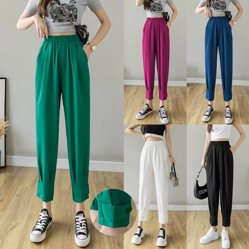 

female summer new elastic waist drape loose ice dragon fruit color haroun pants pants beam foot leisure nine points