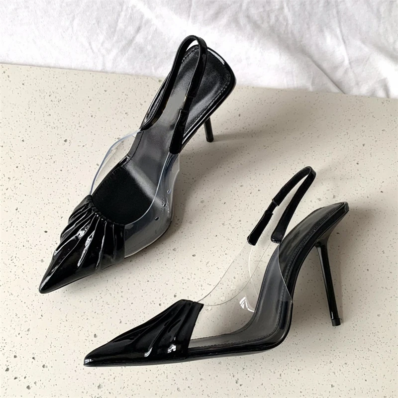 

Новинка 2023, женские сандалии с острым носком на высоком прозрачном каблуке, со сложенной пленкой, на тонком каблуке