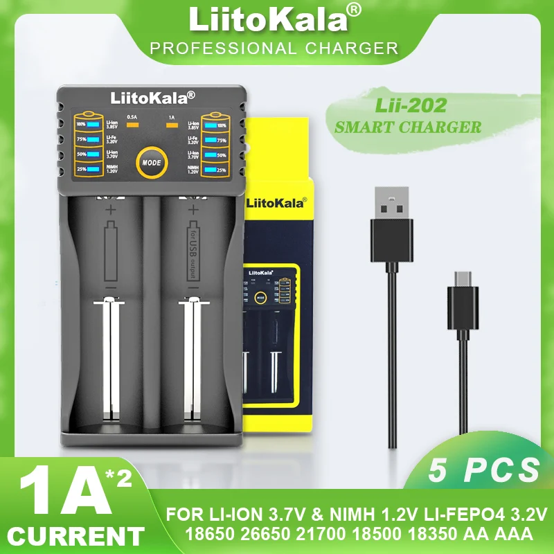 

5PCS Liitokala Lii-202 1.2V 3.85V 3.7V 3.2V 18650 18350 18500 21700 26650 AA AAA NiMH Rechargeable Lithium-Battery Charger