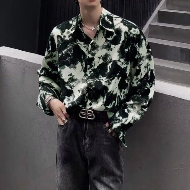 

Рубашка Y2K мужская с длинным рукавом, уличная одежда, повседневная модная Свободная рубашка с графическим принтом, на пуговицах, с отложным воротником, осень