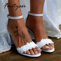 elegant white women heels wedding shoes bride solid lace flower high heel sandals fashion white ankle buckle chunky heels