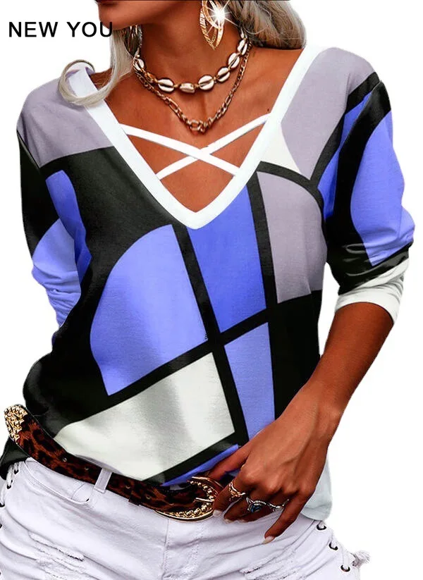 

Женская Весенняя блузка с длинным рукавом, V-образным вырезом и принтом