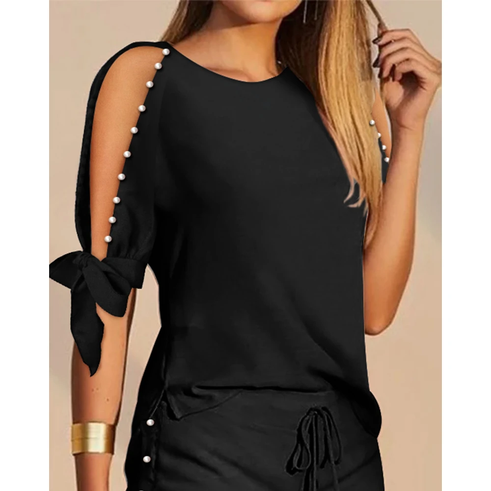 2023 Summer Pearls Decor Casual Two Piece Shorts Set for Women Split Sleeve Top & Drawstring Shorts Set Streetwear Outfits