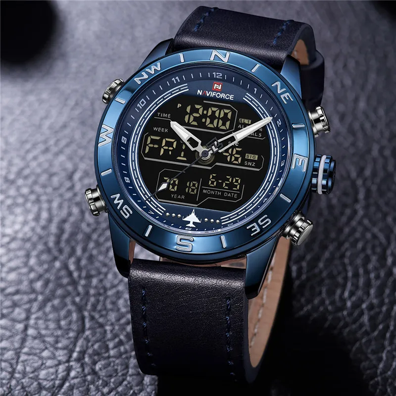 Часы NAVIFORCE мужские цифровые спортивные Роскошные военные с кожаным ремешком