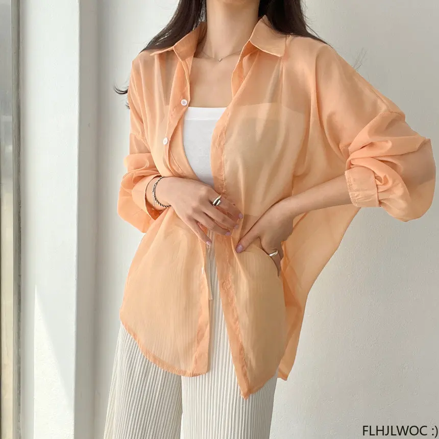 

Sunscreen See Through Tops New Fashion Summer European Holiday Women Long Sleeve Single-Breasted Button Boyfriend Shirts Long