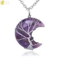 csja natural crystal pendant necklace moon shape tree of life pink quartz natural stone reiki pendants jewelry for women g990