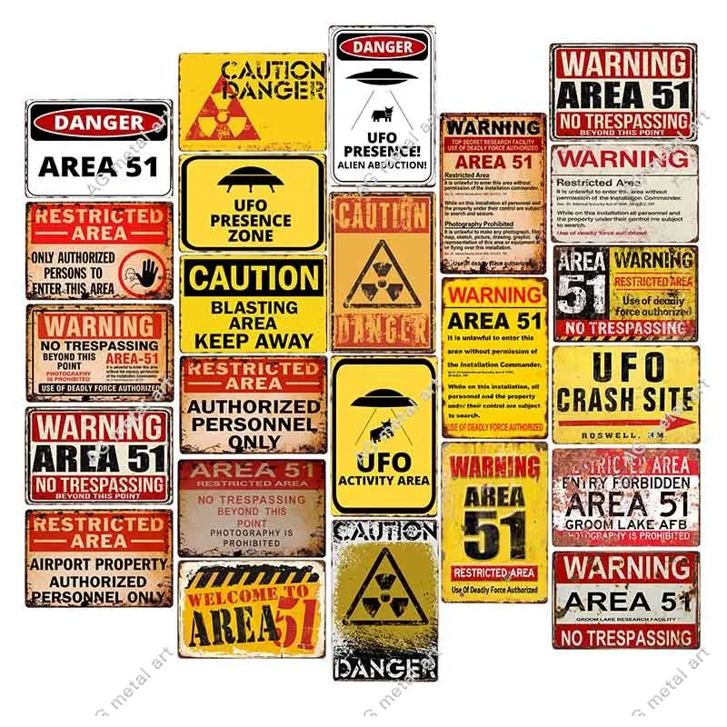 

Vintage Area 51 Tin Sign Metal Poste UFO Vintage Plaques Decorative Wall Plates Retro Cafe Bar Decoration Posters 20x30cm