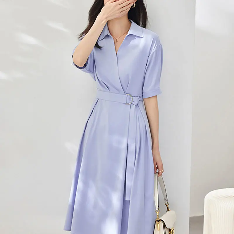 

DUOFAN Purple Waist Short Sleeve Summer Shirt Dress With Sashes Slim Fashion Women Blouses 2022 Mid-length Office Lady Dresses