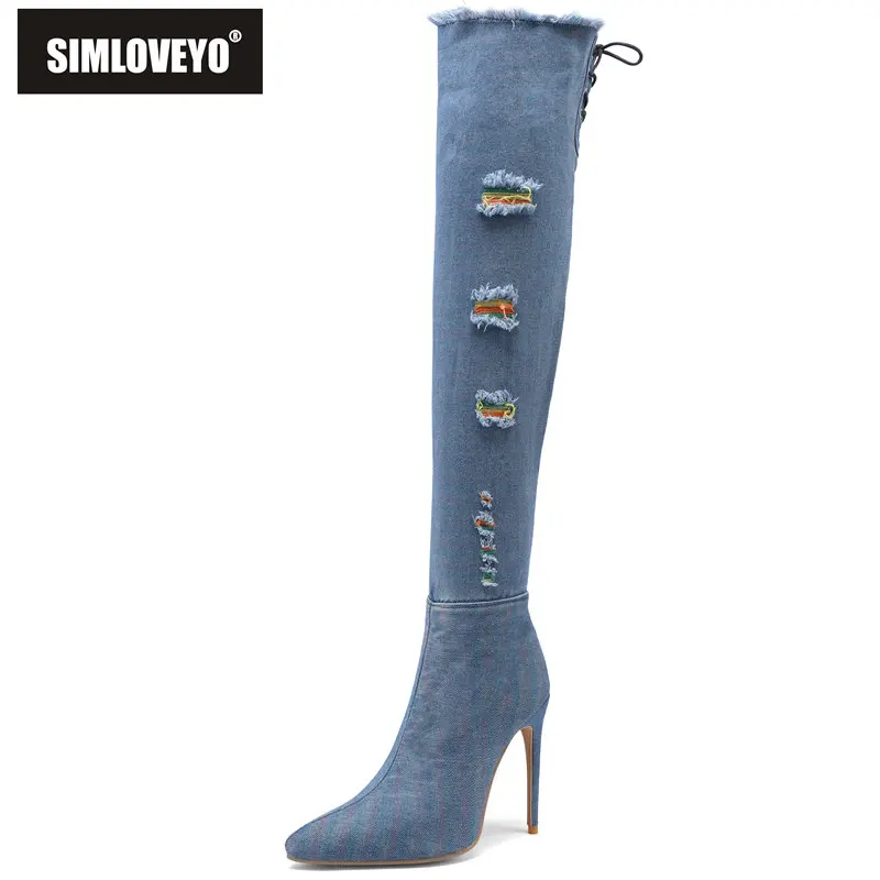 

SIMLOVEYO Fashion Women Thigh High Boots 51cm Pointed Toe Thin Heel 11cm Denim Zipper Large Size 45 46 47 48 Sexy Female Booties