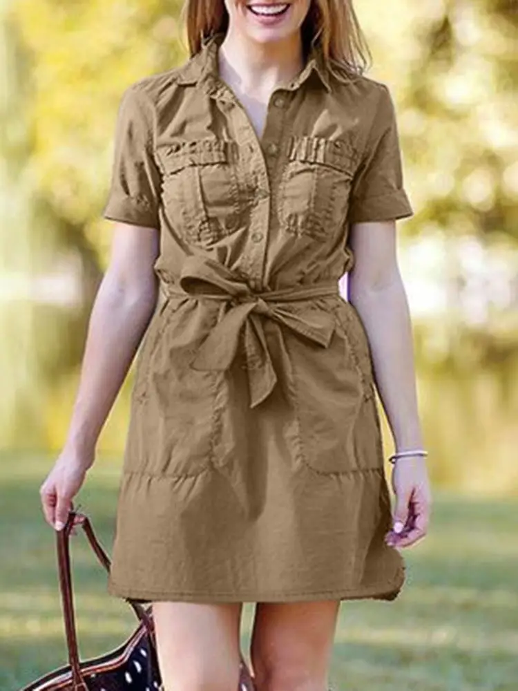 

2023 ZANZEA, летнее платье-рубашка, женское элегантное, с отворотом, модное, однотонное, вечерние, до колена, Vestido, кафтан, короткий рукав, рабочий Сарафан