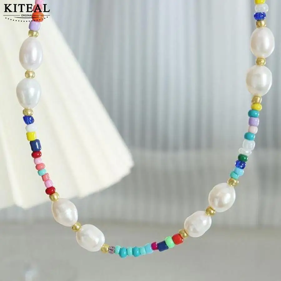 KITEAL Hot sale! silver color Female Friend Necklaces for women stained glass beads freshwater pearl stitching neck jewelery diy