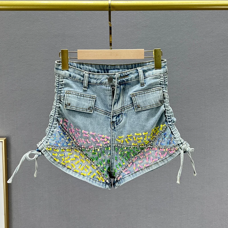 Sequined Denim Shorts For Women 2023 Summer Stretch High Waist Slim Fit Slimming Exquisite Rhinestone Wide Leg Jeans Hot Pants