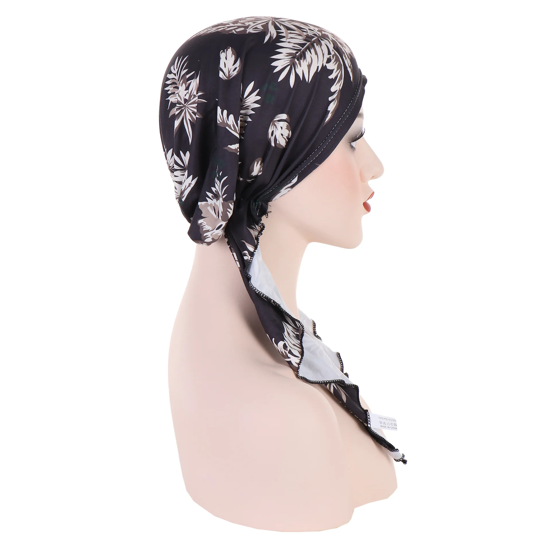 Satin Women Printed Pre-Tied Headscarf Elastic Muslim Turban Cancer Chemo Sleep Hat Hair Care Cover Head Wrap Headwear Bandana