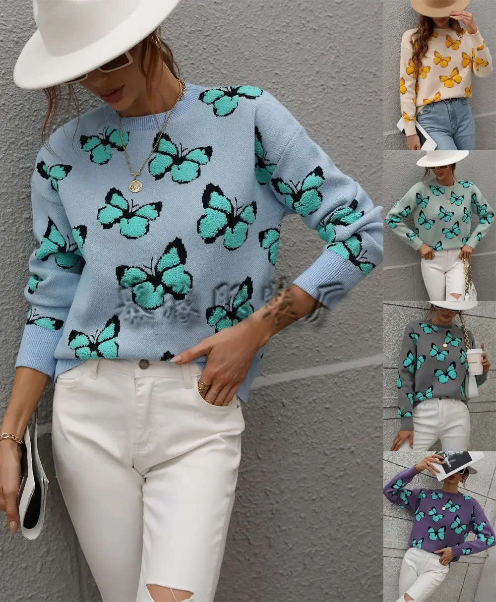 

2022 winter European and American print butterfly round neck women's loose large size knitted sweater pullover women's sweater