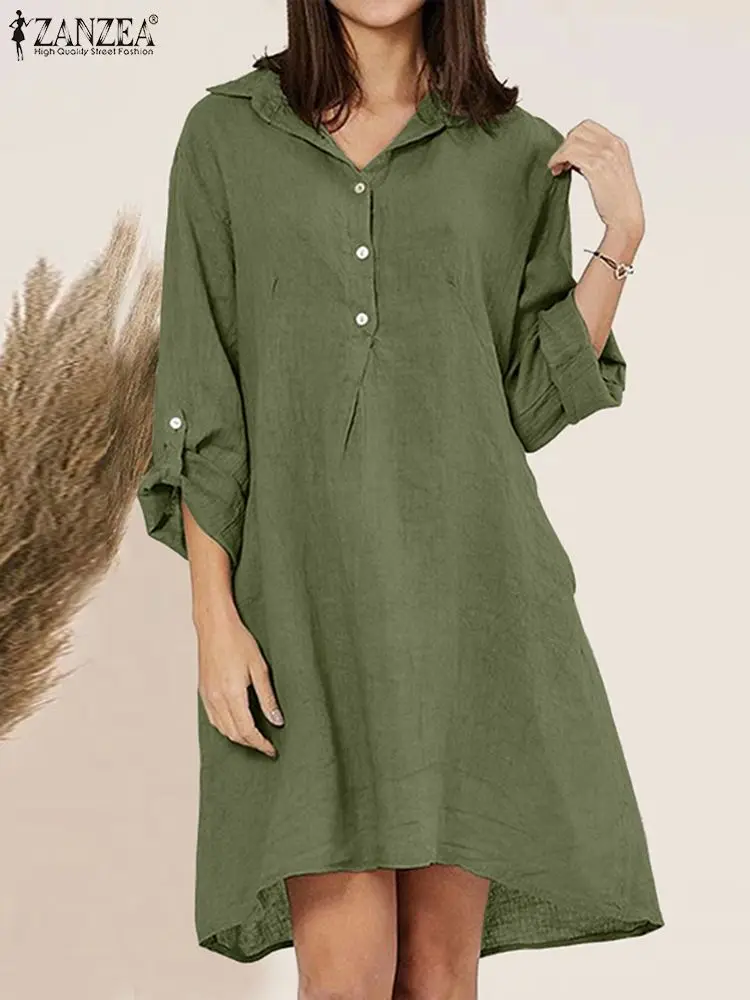 

ZANZEA Elegant Women's Fashion Dress Vintage Work OL Robe Autumn Full Sleeve Lapel Neck Solid Color Mini Sundress Oversized 2022