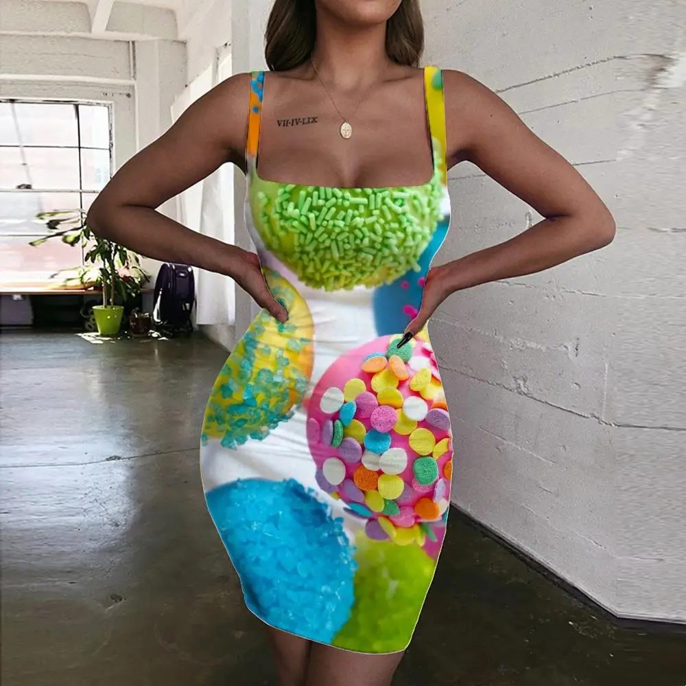 

SOMEPET Candy Dress Women Food Halter Sleeveless Colorful Vestido Sexy Ball 3d Print Flower Sundress Womens Clothing Summer New