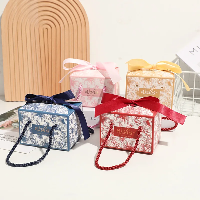 

Paper Candy Gift Box "wishes A Gift for You" Pink Boxes for Packaging Flower Thank You Bags with Handle Wedding Favor Decoration