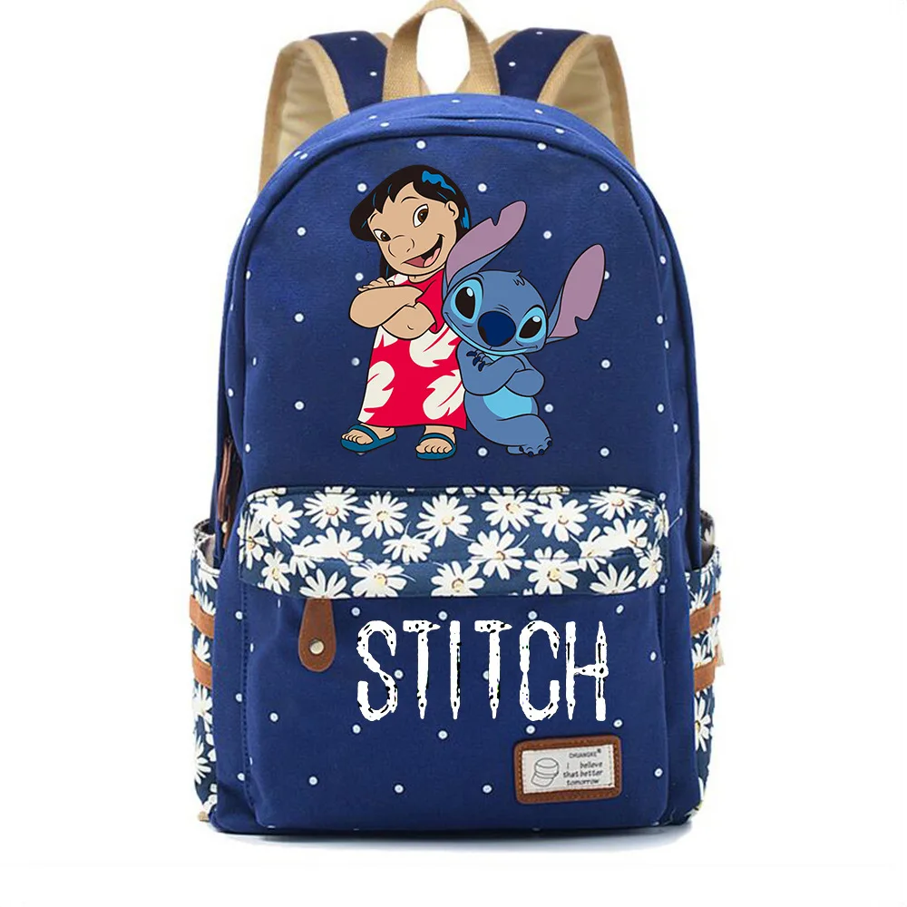 Disney Fashion Anime Cartoon Stitch Schoold bag Student Polka Dot Flower Canvas bag Travel Youth Casual Durable Backpack