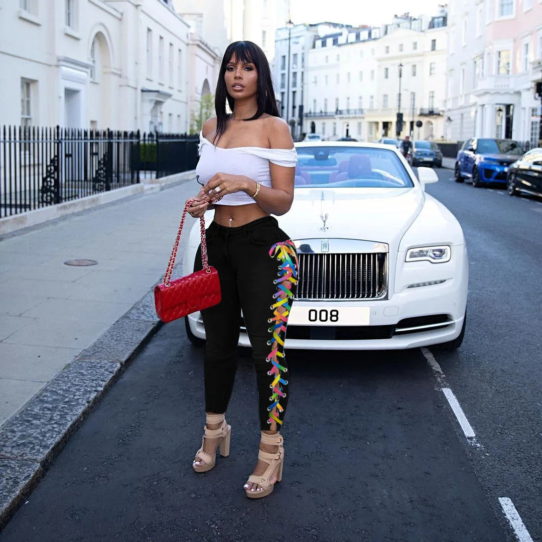 Ladies summer new high-waisted INS street personality color side straps denim pencil pants foreign trade hot pants