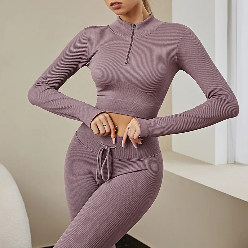 New Seamless Ribbed Yoga Set Sport Outfit For Woman Long Sleeve Crop Top High Waist Trouser Workout Gym Suit Women's Tracksuit
