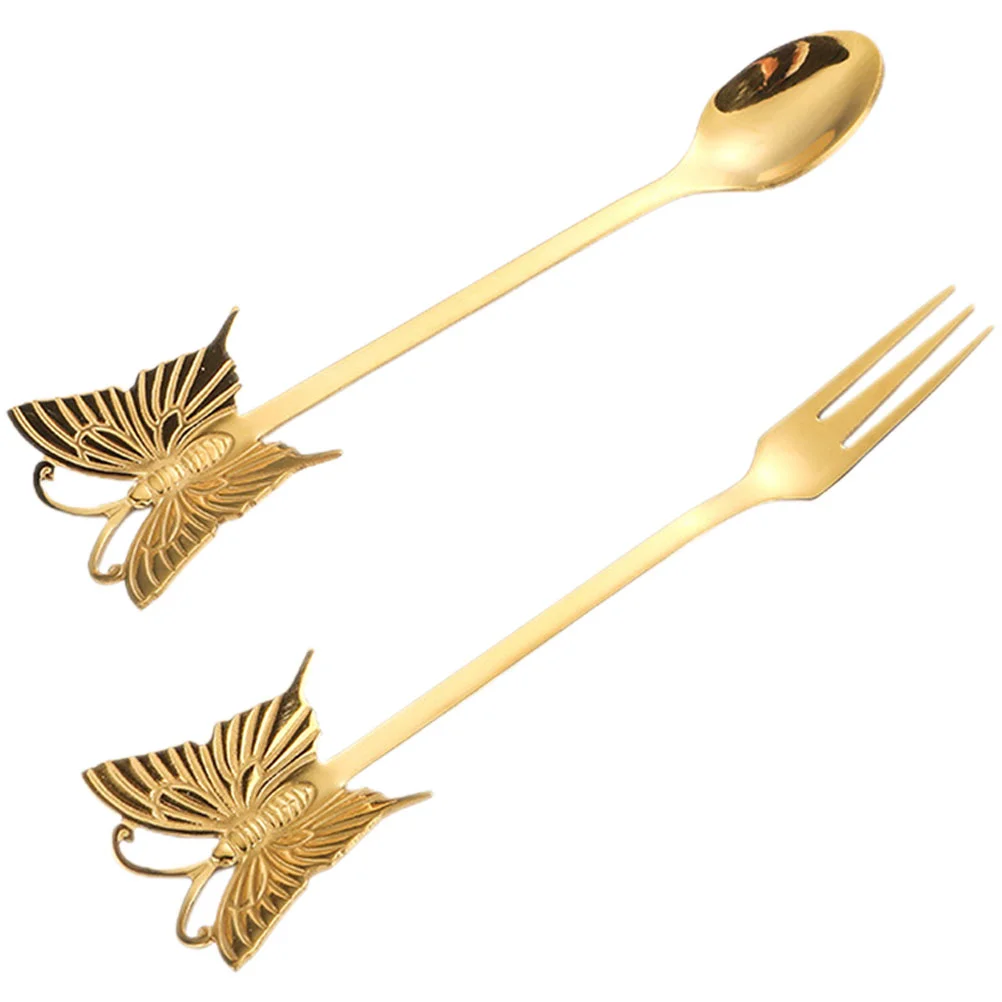 

Stainless Steel Spoon Fork Golden Dessert Mixing Stirring Ice Cream Spoons Mini Cartoon Metal Eating Flatware Set