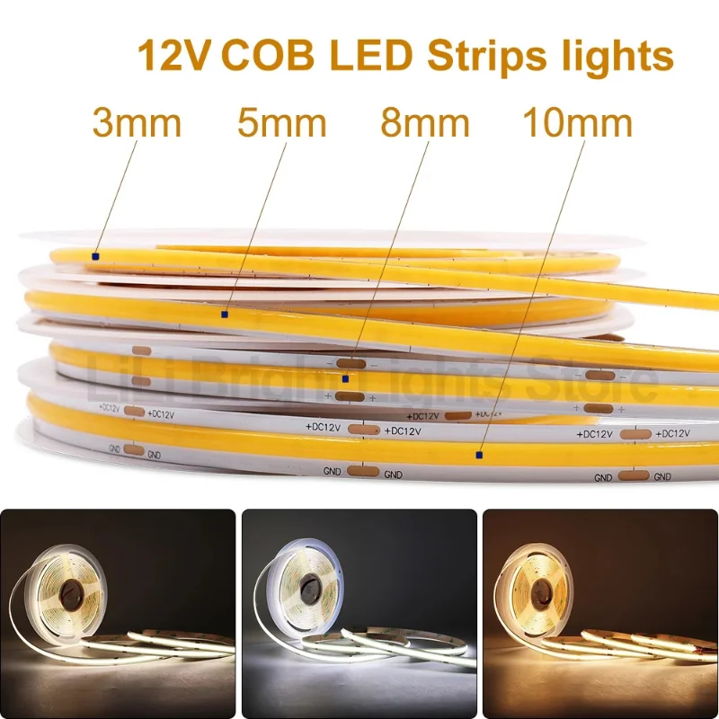 

5M/10M COB LED Strips Lights 320 384 480 528 LED High Density Flexible RA90 Warm Nature Cool White Linear Dimmable 12V Led Light