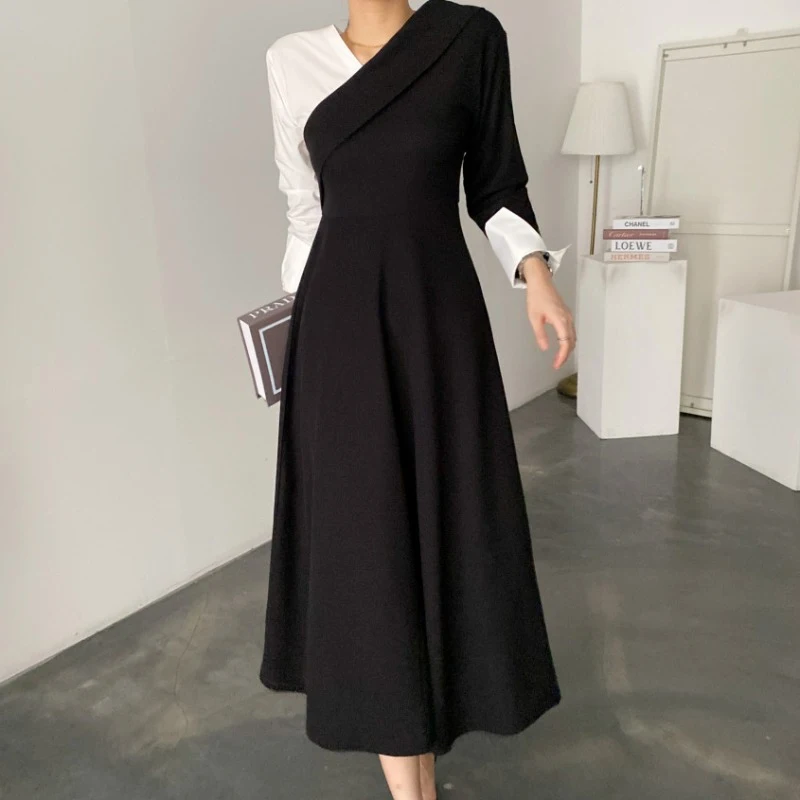 

New Elegant Dignified Light Mature Style Woman Dress 2022 Autumn Patchwork Contrast Patchwork Fake Two Piece Office Ladies Dress