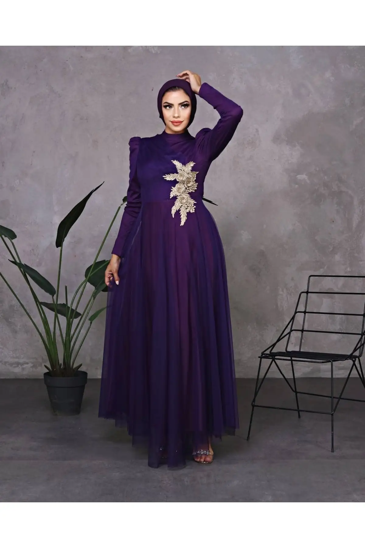 Hijab Tulle Denye TaYELLOWm Çiçek Accessorized Long Evening Dress