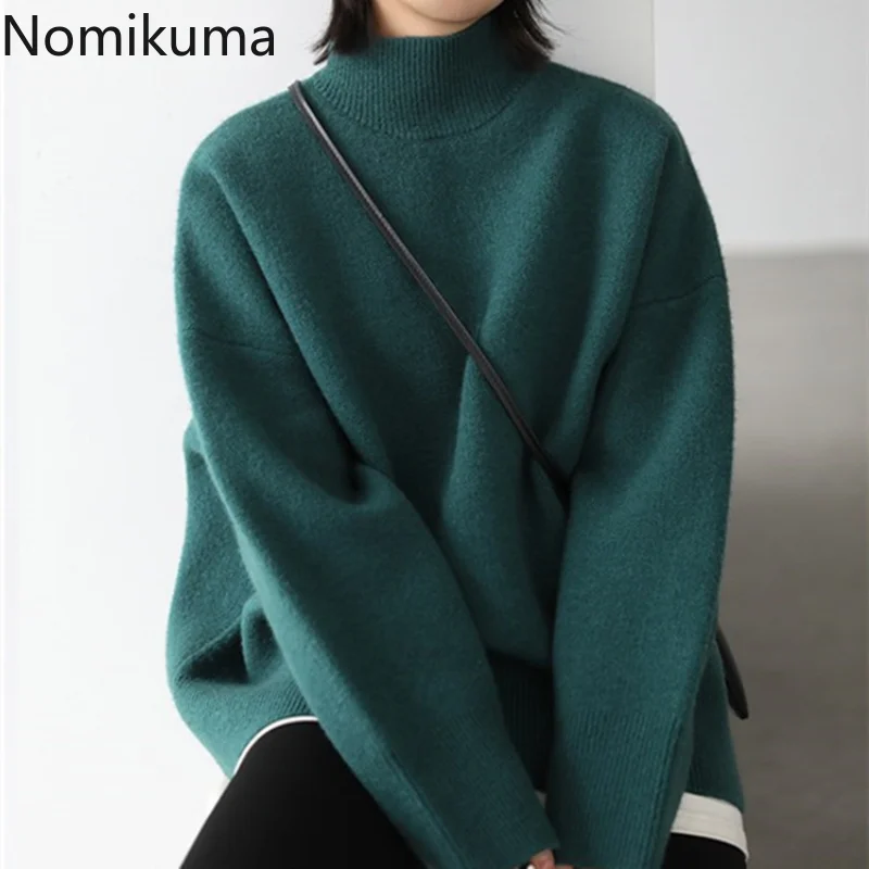 

Nomikuma Sweater Women Autumn Winter Half Height Collar Loose Solid Color Pullover Women Vintage Elegant Casual Sueters De Mujer