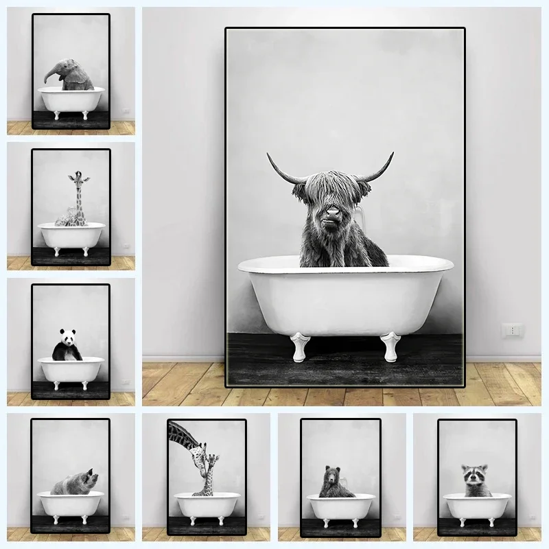 

Nordic Black & White Animals Canvas Paintings Elephant Panda Giraffe Poster Prints Wall Art Pictures Bathroom Bathtub Home Decor
