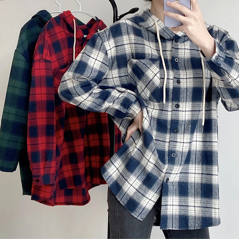 Rimocy New 2022 Autumn Hooded Plaid Shirt Women Drawstring Long Sleeve Casual Blouses Woman Pocket Single-breasted Loose Shirts