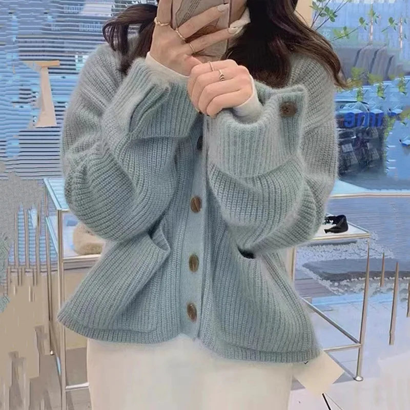 

2023 Autumn Winter New Soft Milk Blue Sweater Coat Women's Korean Style Gentle Soft Glutinous V-neck Knitted Cardigan Top Female