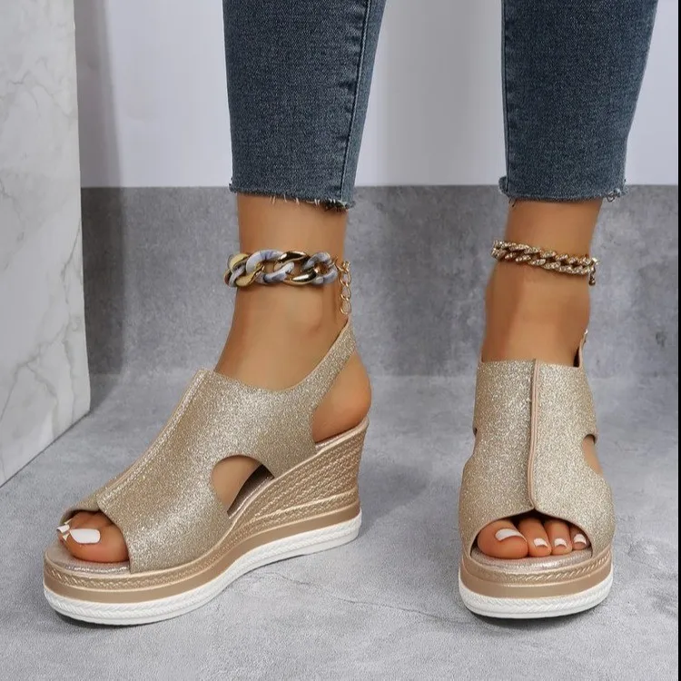 

Women Dressy Comfortable Cut Out Glitter Slingback Wedge Sandals For Women Casual Open Toe Sandals White for Beach