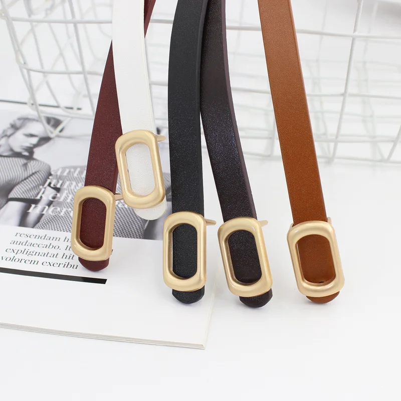 New PU Leather Thin Belt for Women Metal Oval Buckle Waist Strap Designer Ladies Trouser Dress Jeans Decoration Waistband