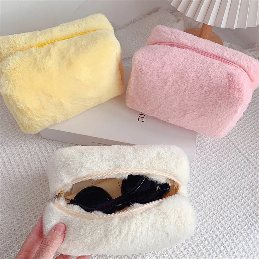 

Solid Color Makeup Bags Women Soft Plush Cosmetic Make Up Brushes Storage Case Travel Toiletry Organizer Handbag Girls Gift