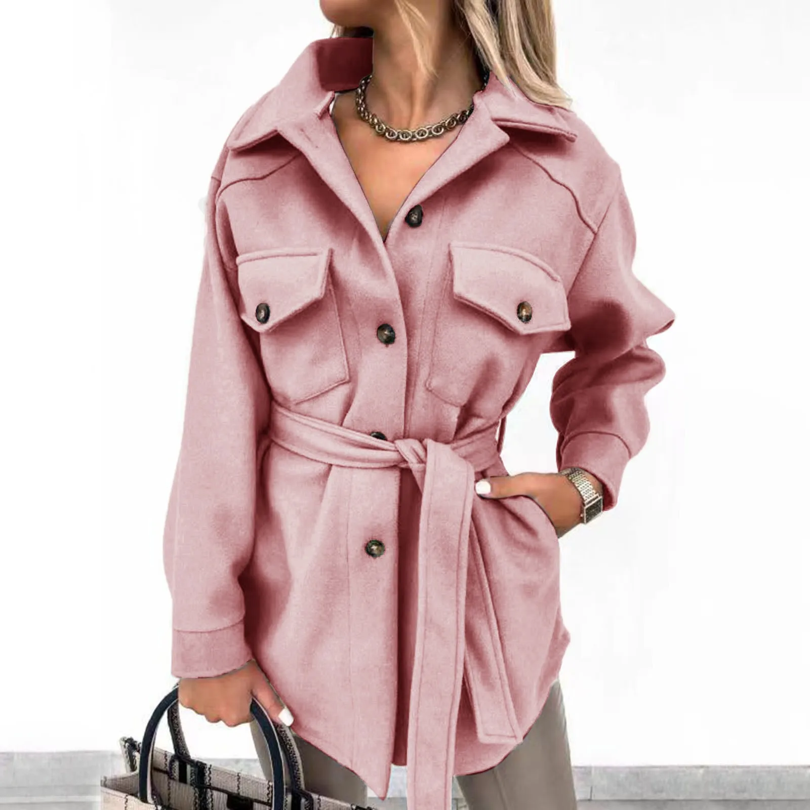 

Jackets Zip up Womens Casual Lapel Shacket Jacket Long Sleeve Single Breasted Trench Coat With Belt Mid Long Cotton Fleece