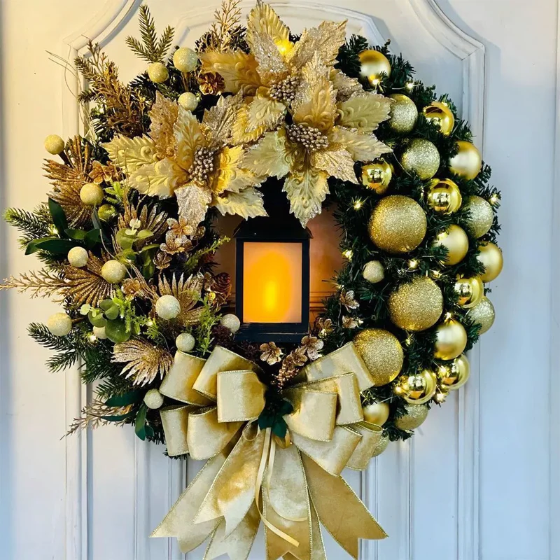 

2023 Navidad Party Christmas Big Red Flower Wreath with Lamp Bow Ball Wall Door Window Fireplace Staircase Balcony Garden Wreath