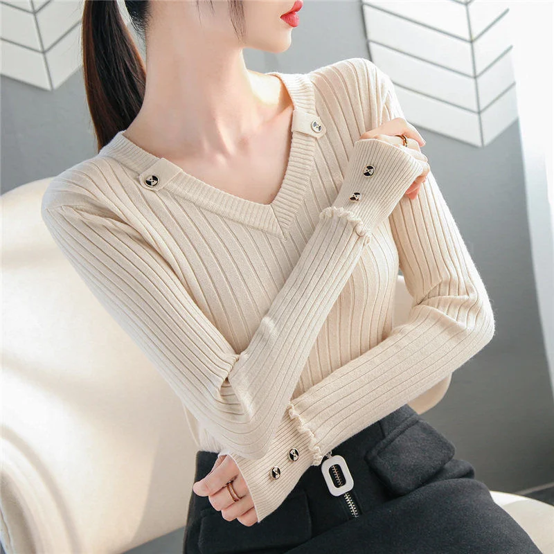 

Новинка 2022, Осенний женский свитер, вязаный Повседневный тонкий свитер с длинным рукавом, винтажный офисный шикарный свитер на пуговицах