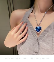 yamega big blue heart crystal necklaces for women korean fashion long rhinestone chain pendant necklace statement jewelry