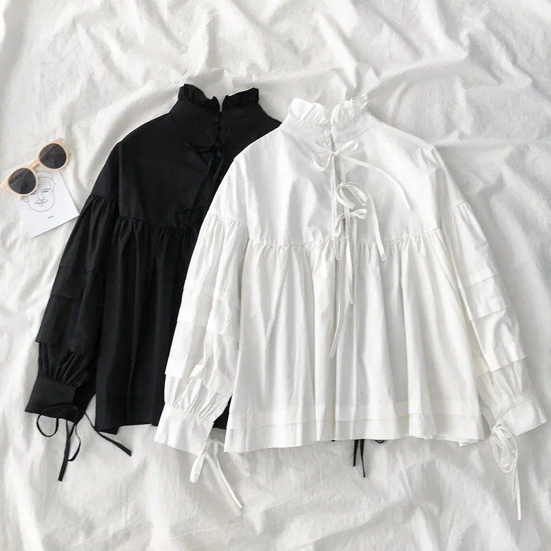 

Women Streetwear Blouse Spring Autumn New Solid Stand Puff Sleeve Lace Up Loose Casual Wild Female Fashion Shirts Tops
