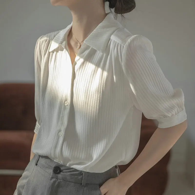 

Film sleeve shirt in white stripes female thin and cultivate one's morality show thin chic coat short sleeve summer