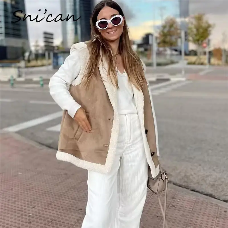 

khaki Lamb Faux Fur Women Vest Pockets V Neck Sleeveless Oversize Casual Ladies Jacket Coat Thick Warm Winter Female Outwear New