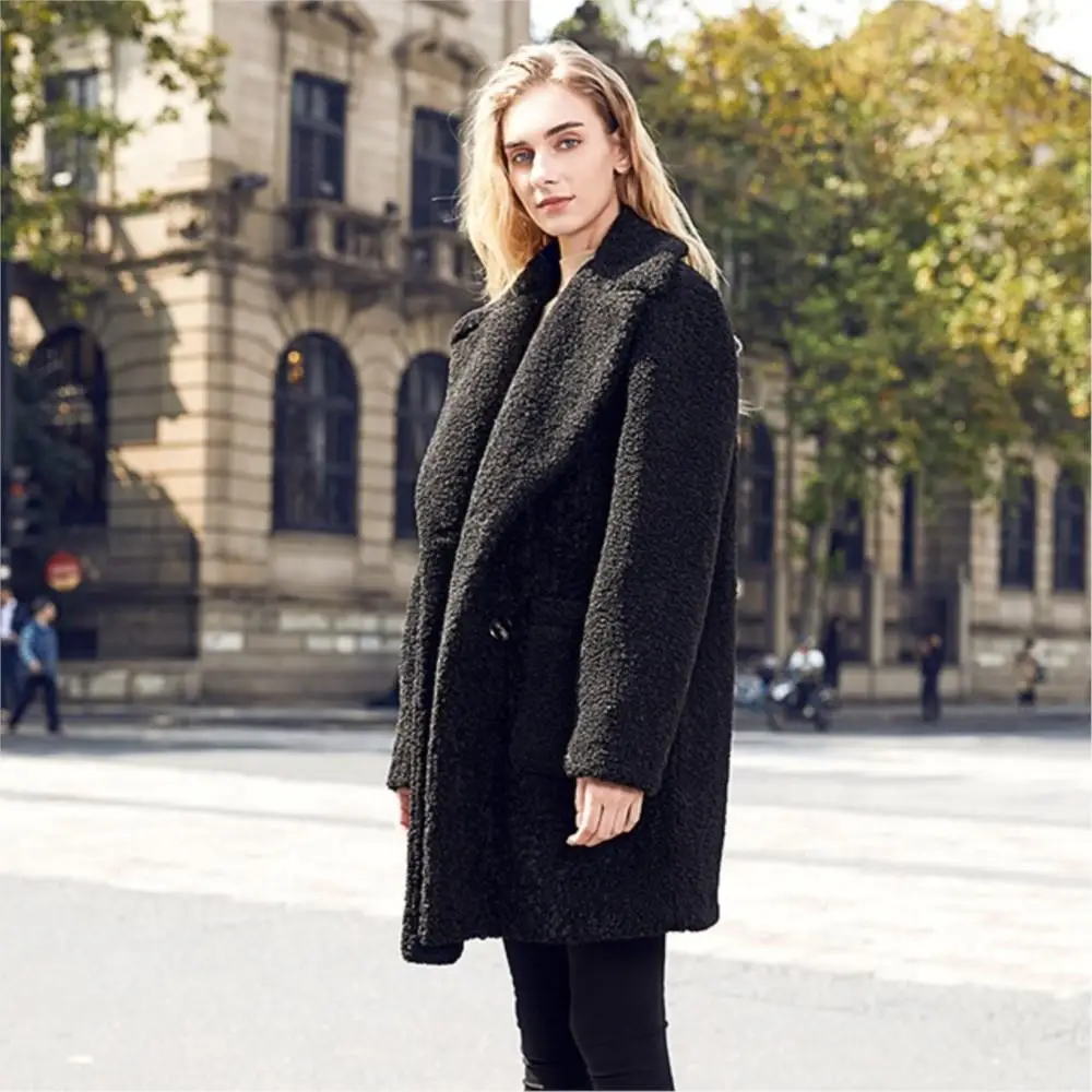 Winter Women double-breasted Real Fur Coat Fashion Designer Long Simple Thermal Coat Lapel Pure Color Leisure Fur Women Jacket