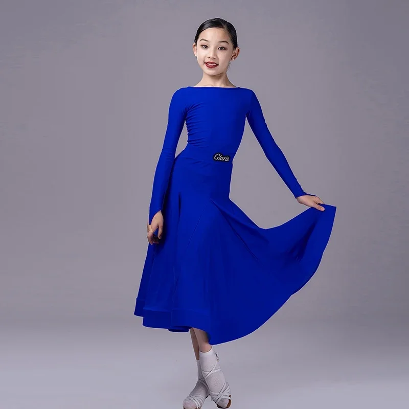 Синее черное платье для соревнований по латинским танцам с длинными рукавами