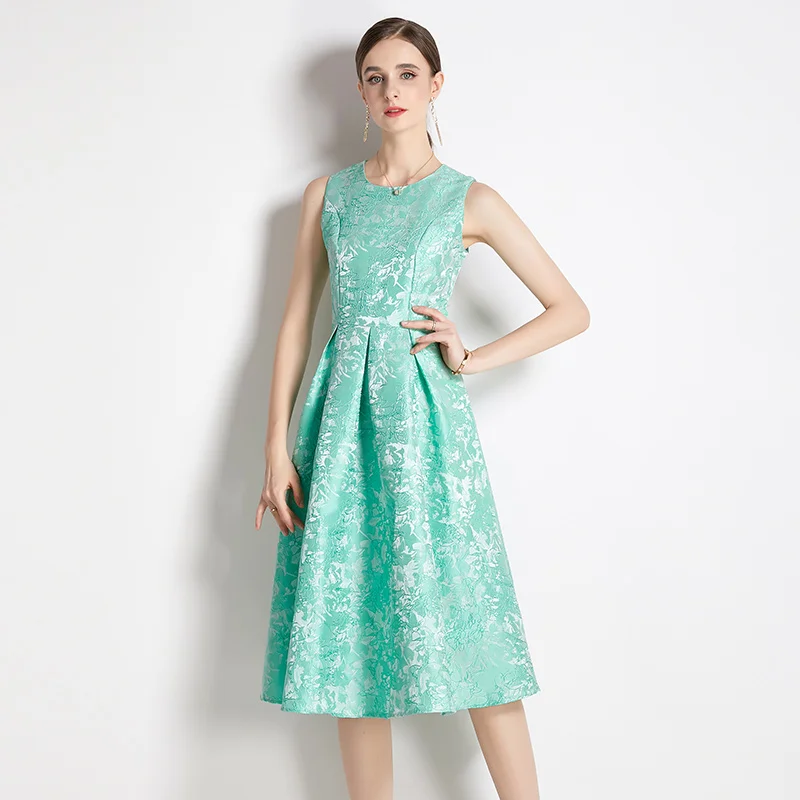 

Женское жаккардовое платье без рукавов, элегантное винтажное платье средней длины с круглым вырезом и цветочным принтом, зеленое и розовое ...