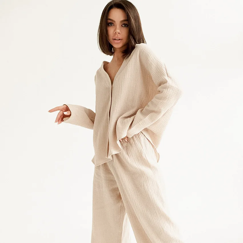 Summer new 2023 double crepe V-neck French loose comfortable long-sleeved pajamas female cotton hemp home clothes set