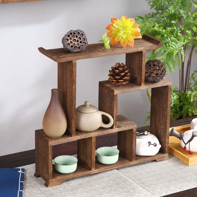 Chinese Tea Cup Shelf Organizer Shelf Solid Wood Mini Tea Ceremony Tray Desktop Decoration Purple Sand Pot Stand For Cutlery