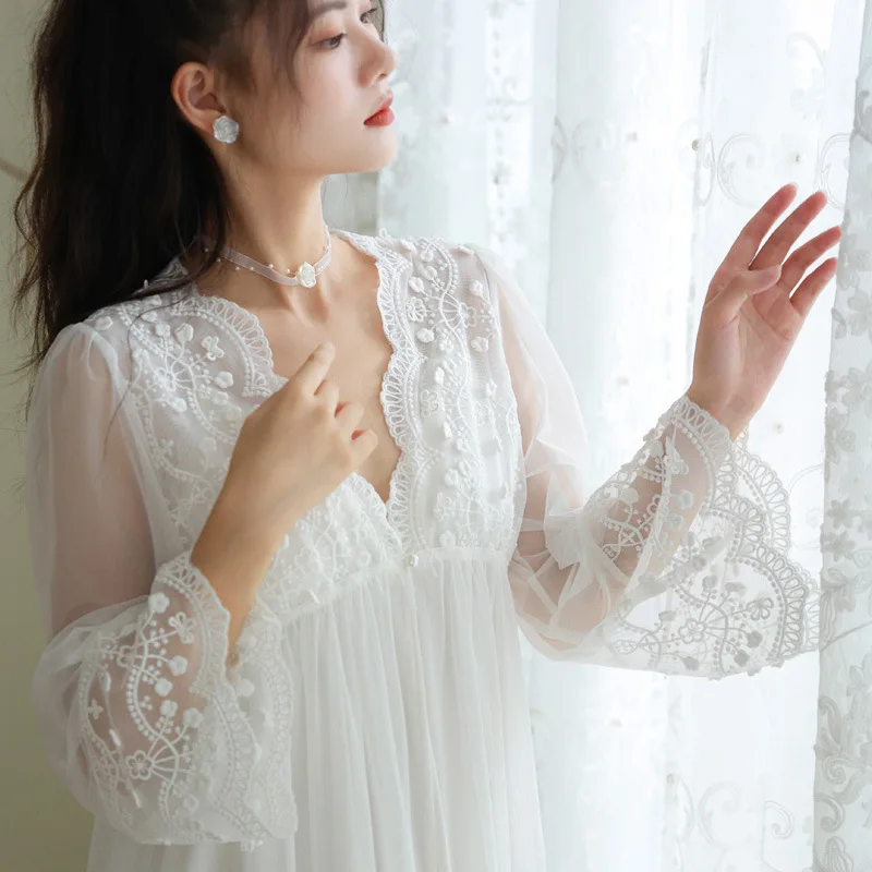 

Princess Sets Dress Peignoir Romantic Bride Robe Night Mesh Nightgown Vintage Victorian Sleepwear Robe Fairy White Women Pijamas